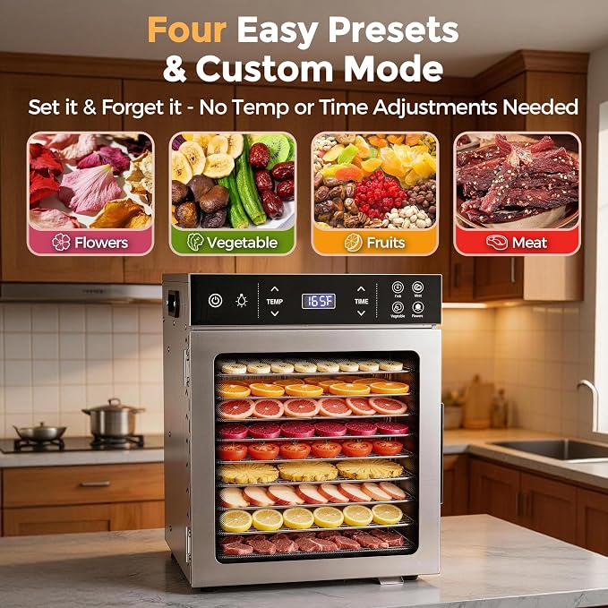 Suteck 400W Food Dehydrator with 10 Trays for Jerky, Fruit, Veg, Meat | Stainless Steel, 4 Presets, Strong Dual Fans & 360° Airflow, 85°F–195°F, 48H Timer, Built-in Light, Quiet