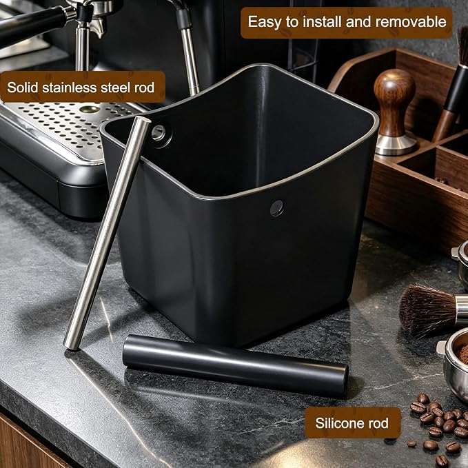 Espresso knock box,Coffee grounds pucks knock box,Coffee Knock Box with Removable Knock Bar and Non-Slip Rubber Base,Shock-Absorbent Durable Espresso Accessories (Black)