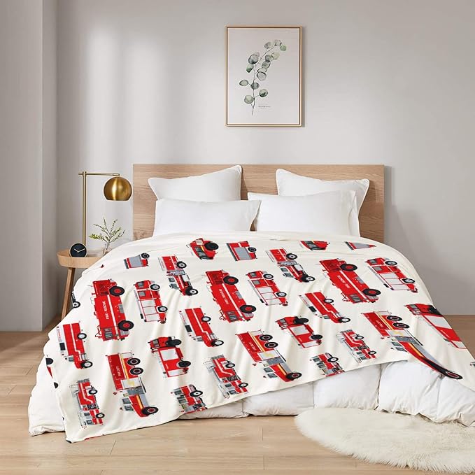 Fire Truck Blanket Gifts for Truck Lover 80 x 60 Inch for Adult,Red Truck Fannel Fleece Throw Blanket Super Soft Throws Blanket for Bed Couch Sofa