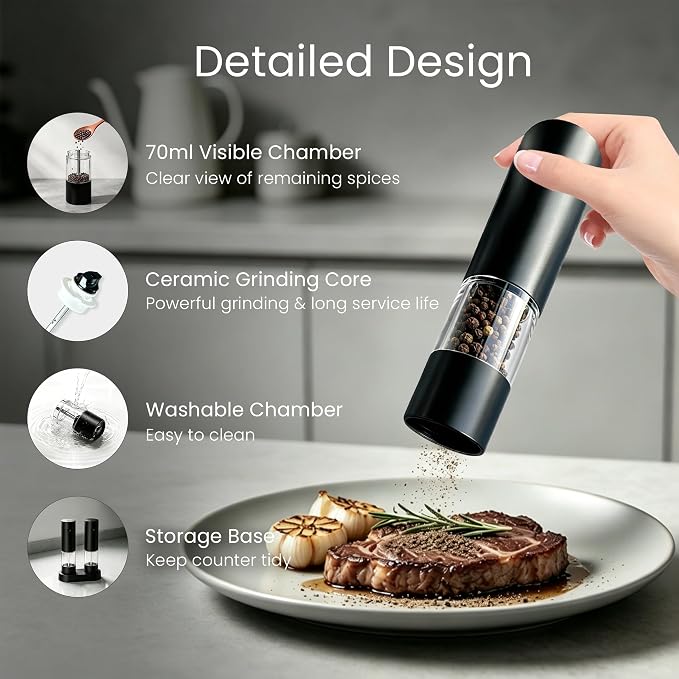 USB Rechargeable Grinder Set With Storage Base, 2 Pack (Black) | USB Charging & Adjustable Coarseness, No Light Design, Ideal For Cooking, Picnic And Restaurant Seasoning