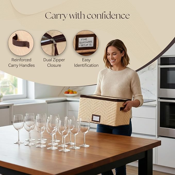 Wine Glass Storage Box with Dividers, Holds 12 Glasses up to 3.75" Wide | 2 Pack, Stemware Storage Case, Protects Fine China, Durable Quilted Microfiber, Carry Handles, Ideal for White Wine