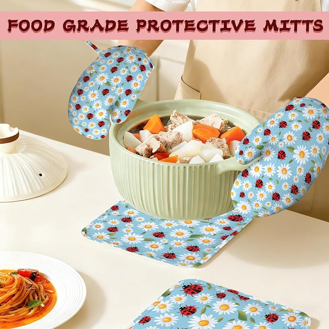 Ladybug Heat-Resistant Silicone Oven Mitts and Pot Holders 4 Piece Set,Cute Daisy Extra Long Non-Slip Kitchen Oven Gloves for Cooking, Baking, BBQ,Grilling
