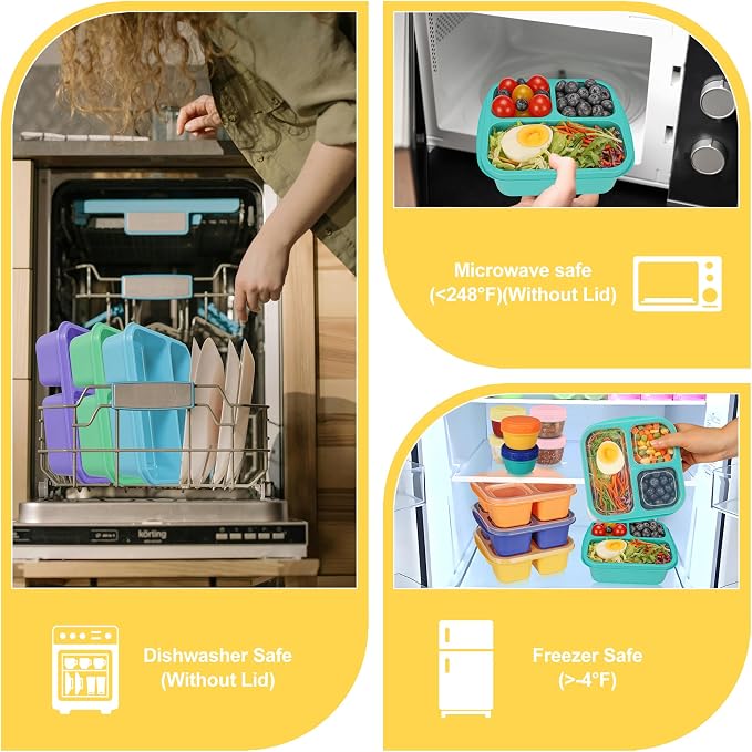 TOUWMX Bento Box For Kids, 4 Pack 3 Compartments Lunchable Meal Prep Containers Lunch Containers, Reusable Snack Containers with Lids, Snack Boxes for School, Work, and Travel