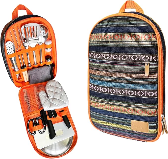 Camping Cooking Utensils Set - Camping Utensil Set Car Camping Cooking Essentials Gear for Camp Kitchen Cooking and Grilling, Stainless Steel & Silicone Ideal Gift for RV Tent Camper