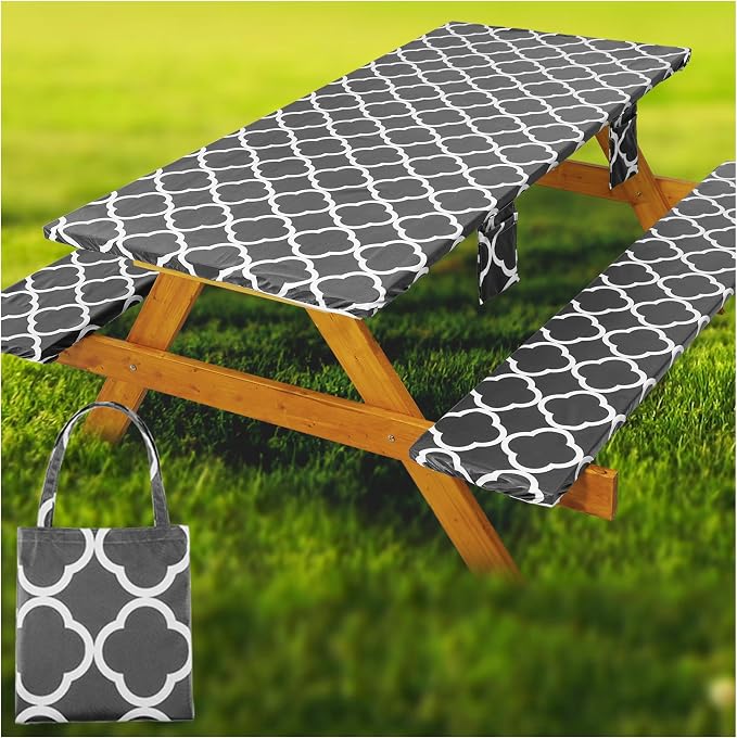Fitted Picnic Table Cover with Bench Covers Waterproof Elastic Edges Rectangle Patio Tablecloth Outdoor Camping Essentials Stuff Rv Accessories Summer Trip Travel Supplies Party Camper Gifts, 8 ft