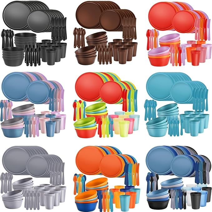 40 Piece Plastic Dinnerware Set for 8 with Cutlery, Unbreakable Plates and Bowls Set, Dishwasher & Microwave Safe Reusable Dish Set for Camping, RV, Outdoor Kitchen, Apartment Dining,Rainbow Multicol