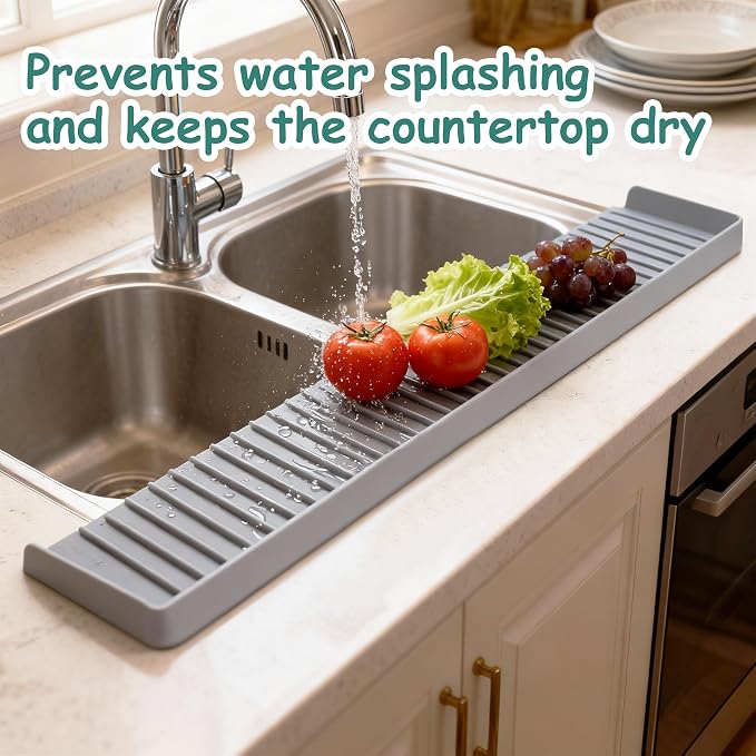 Silicone Sink Edge Protector Splash Guard, 20x4 Inch with Suction Cups & 5°Tilt, Cuttable for Kitchen Bathroom Countertops, Granite Quartz Surfaces (Gray)
