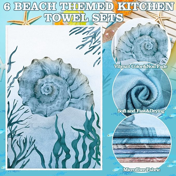Boyiee 6 Pcs Beach Kitchen Towels Set, Ocean Sea Animal Nautical Tea Towels, 24 x 16 Inches Absorbent Cloth, Coastal Starfish Turtle Jellyfish Hand Dishcloths for Farmhouse Bathroom & Kitchen Decor