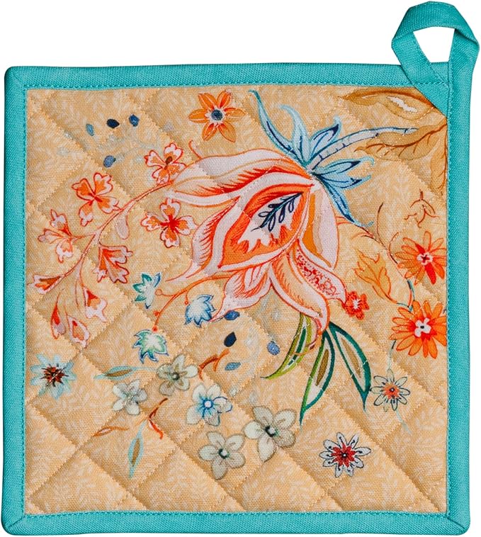 Maison d' Hermine Pot Holders 100% Cotton Potholders (8" x 8", Pack of 1) | Heat Resistant Hot Pads with Loop BBQ Cooking Baking Farmhouse Kitchen Handling Hot Pans Spring Summer - Luxury Loft - Peach