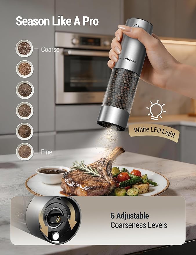 ThermoMaven Electric Salt and Pepper Grinder Set, 110ml Larger Rechargeable Automatic Salt and Pepper Mill Grinder with 6 Adjustable Coarseness, Electric Salt and Pepper Shakers, LED, Burnt Orange