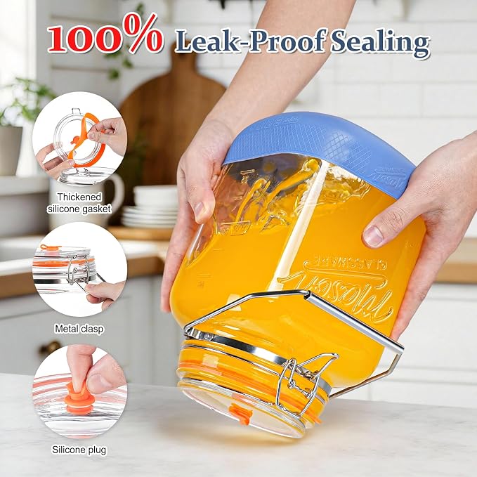 1 Gallon/128 OZ Large Fermentation Jar, Mead Making Kit, Pickle Jars, 2 PCS | 3 Airlock, Stainless Steel Handle, 4.3” Wide Mouth, 100% Leakproof, Non-Slip Base, BPA Free, 2 Scale Mark, Food Grade