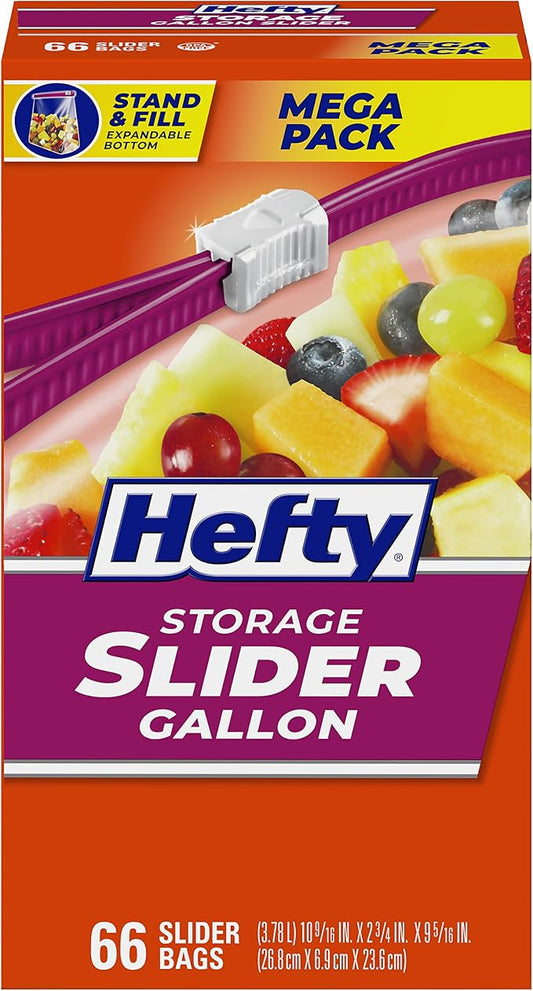 Hefty Slider Storage Bags, Gallon Size, 66ct | Bulk Pack, Gallon Storage Bags for Food, Snacks, Toiletries, and More, Writable Label, Stand and Fill, Secure Slider Closure