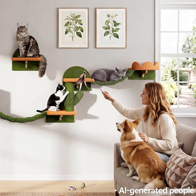 Cactus Floor to Ceiling Cat Tower, 10-in-1 Cat Wall Shelves, Green | Cats Tree with Adjustable Height(87-104 IN), Cat Climbing Wall Furniture Set for 16 Inch Drywall, with Scratching Post, Condo