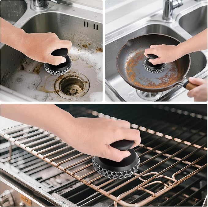 Cast Iron Scrubber Cleaner, Chainmail Scrubber for Cast Iron Pan Skillet, Dish Scouring Pad, 316 Stainless Steel Brush/Scraper for Metal Skillet Scrubbing, Wok, Dutch Oven Cleaning Kit - Thick Mesh