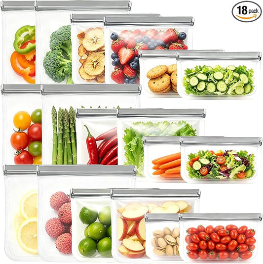 18 Pack Reusable Lock Bags Silicone, 3 Sizes Leak Proof Freezer Bags, Food Storage Bags Keep for Fresh Fruits Veggie - 6 Gallon 6 Sandwich 6 Snack (Grey)