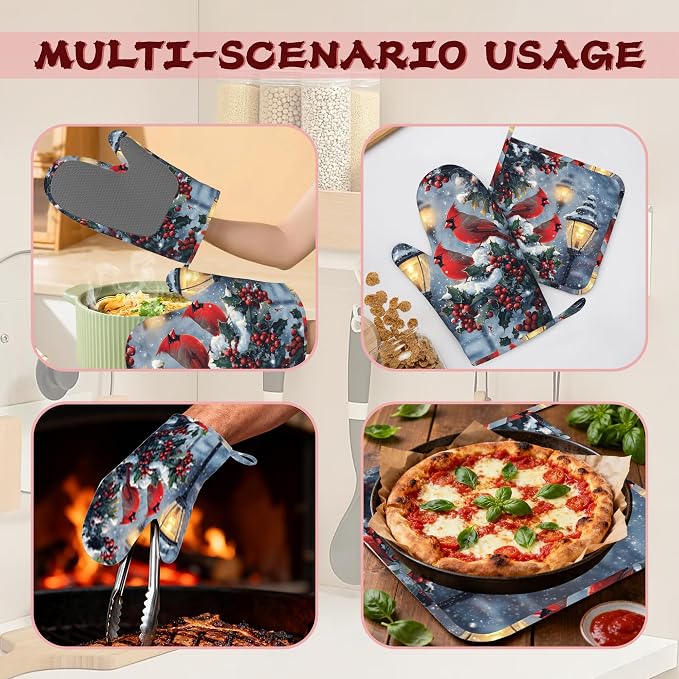 Christmas Berries Heat-Resistant Silicone Oven Mitts and Pot Holder 4 Piece Set,Cardinal Non-Slip Kitchen Oven Gloves for Baking, BBQ, Cooking,Grilling