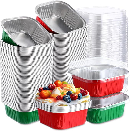 Aoriher 150 Pieces 10 oz Mini Cake Pans with Lids Aluminum Foil Baking Cups Square Disposable 4 x 4 Large Cupcake Cups Baking Tins for Kitchen Brownie Pudding Desserts Holder(Red,Christmas Green)