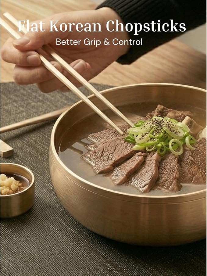 ONGI Korean Spoon and Chopsticks Set, Flat Korean Chopsticks, Premium 18/10 Stainless Steel, Turtle Symbol Design, Made in Korea, Dishwasher Safe, Meaningful Korean Gift (TT Silver 2 Set)