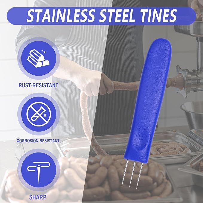 2 Pack 3-Prong Sausage Pricker, Stainless Steel Meat Needle Tool | 3-prong pricks prevent casing burst,Stainless steel, non-slip grip,2-pack for sausage making,Compact storage case included.