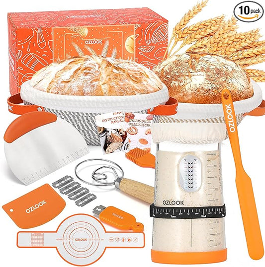 Sourdough Starter Kit,34oz Sourdough Starter Jar,2 X Cotton Rope Banneton Bread Proofing Basket with Bread Lame, Scraper,Sling, Dough Whisk,Perfect Gifts for Bakers Sourdough Bread Baking Supplies