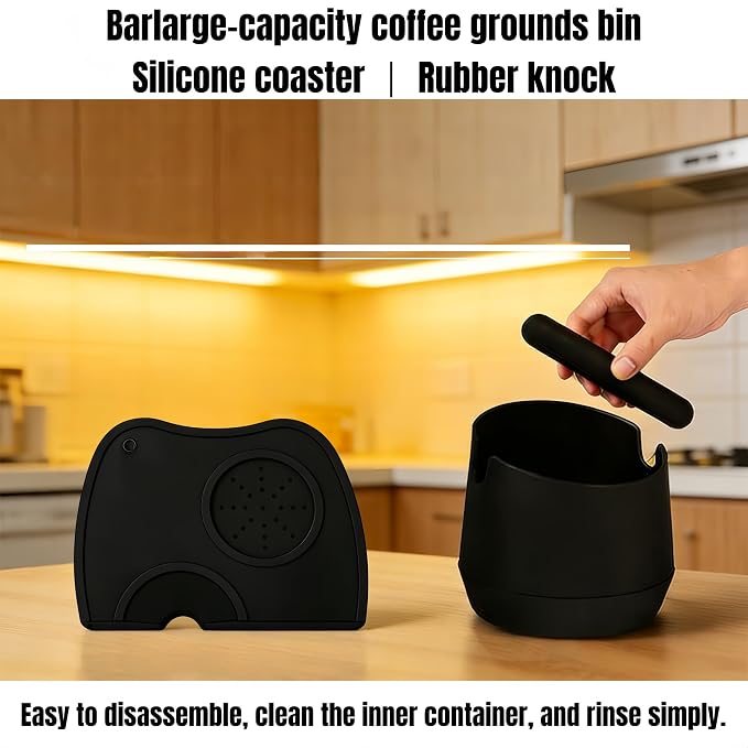 ABS Coffee Knock Box with Tamping Mat, Detachable Knock Bar, Non-Slip & Shock-Absorbent, Easy to Clean, Large Capacity 2Quarts/64OZ Coffee Grounds Container for Bar & Home Use, Coffee Accessory