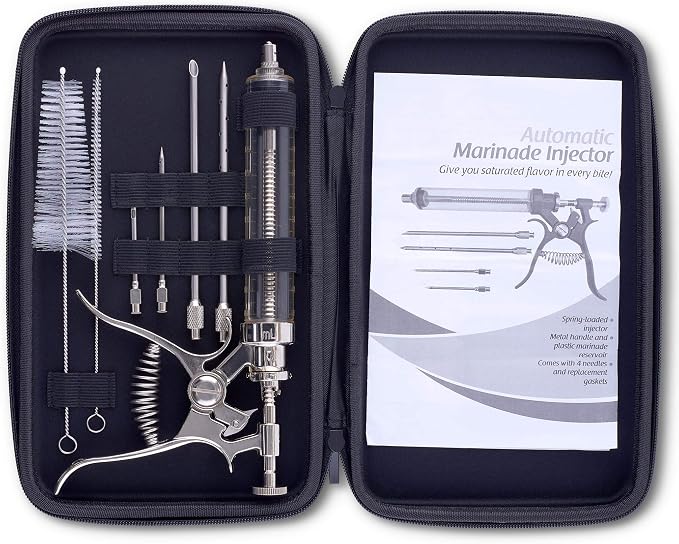 J&B Goods Professional Automatic BBQ Meat Marinade Injector Gun Kit with Case, 2 oz Large Capacity Barrel and 4 Commercial Grade Marinade Needles.