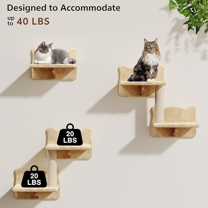 Cat Wall Furniture, 13 in 1 Moon & Bridge Cat Wall Shelves, Beige | Wall Mounted Cats Shelf Set with Plush Fabric, Cat Climbing Systems for 16 Inch Drywall, Condo, Scratching Post, Space-Saving
