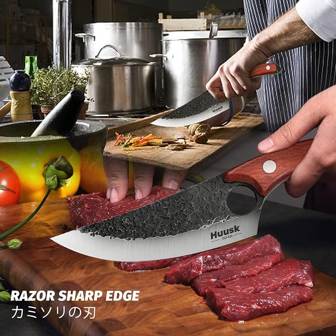 Huusk Hand Forged Viking Knife with Sheath for Kitchen Camping BBQ | Japanese Butcher Knife for Meat Cutting, High Carbon Steel Chef Knives with Ergonomic Wood Handle, Gifts for Men