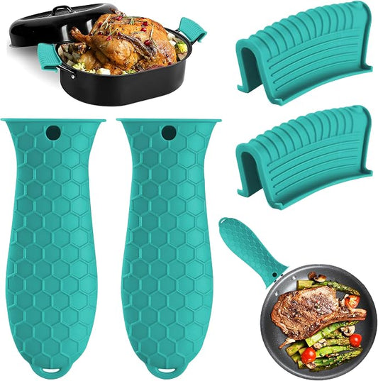 4 Pack Silicone Hot Handle Holder Cover Cast Iron Handle Cover Silicone Pot Holders Heat Resistant Assist Pan Handle Sleeve Non-Slip Pot Handle Covers for Cast Iron Skillet Metal Pan(Green)