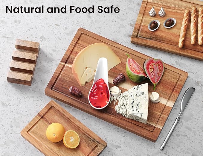 Fibogollo Set of 3 Acacia Wood Kitchen Cutting Boards with Holder | Wooden Chopping Boards Set with Juice Groove, Serving Board with Storage Stand,Butcher Block for Meat,Vegetables,Fruit