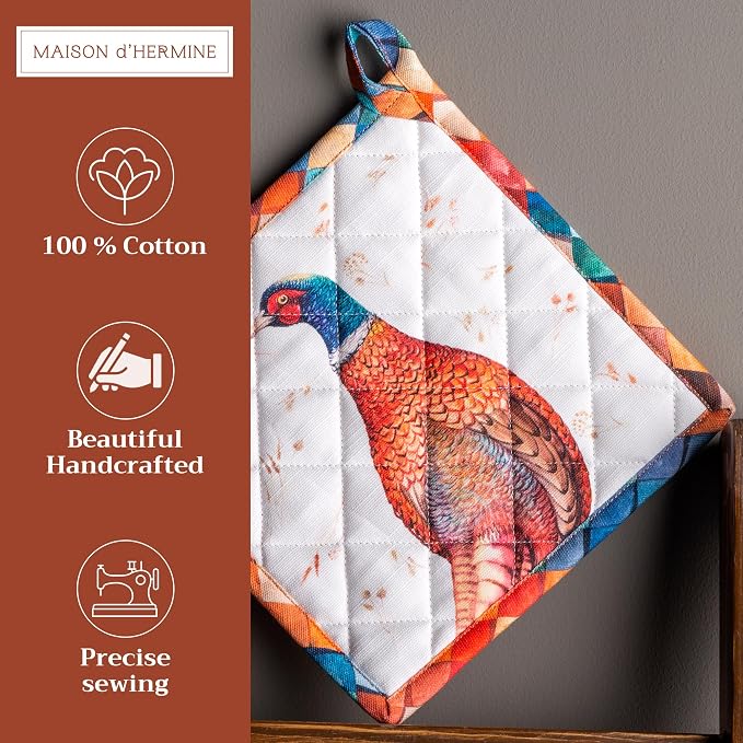 Maison d' Hermine Pot Holders 100% Cotton Potholders (8" x 8", Pack of 1) | Heat Resistant Hot Pads with Loop BBQ Cooking Baking Kitchen Handling Hot Pans Thanksgiving Christmas - Faisan D'Automne