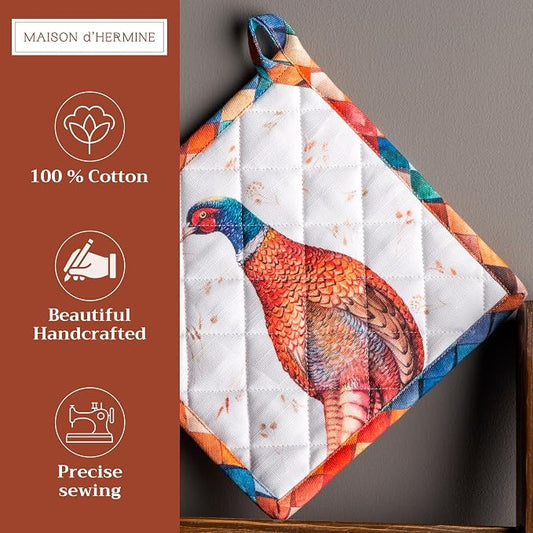 Maison d' Hermine Pot Holders 100% Cotton Potholders (8" x 8", Pack of 1) | Heat Resistant Hot Pads with Loop BBQ Cooking Baking Kitchen Handling Hot Pans Thanksgiving Christmas - Faisan D'Automne
