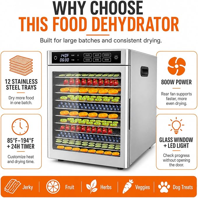 12-Tray Commercial Food Dehydrator | stainless steel jerky maker fruit dryer herbal drying machine large capacity food preserver digital dehydrator