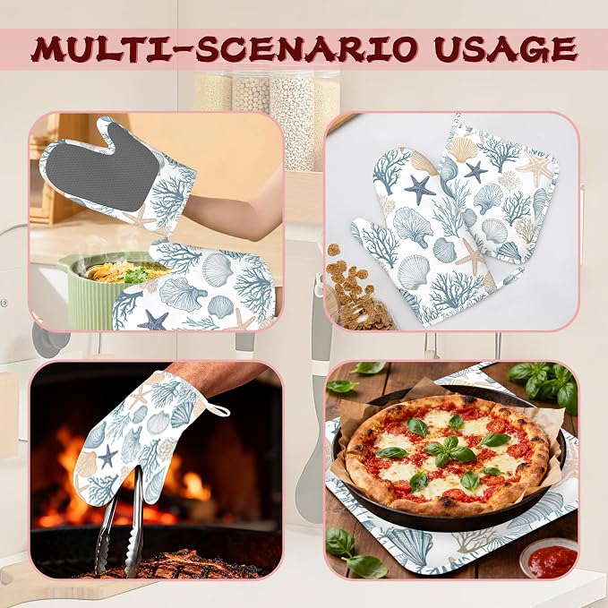 Starfish Coral Shells Ocean Silicone Oven Mitts and Pot Holders,Heat-Resistant 4 Piece Kitchen Set Non-Slip Oven Gloves and Hot Pads for Cooking, Baking, Grilling,BBQ