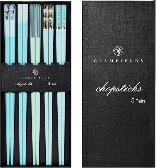 Chopsticks Reusable Dishwasher Safe, GLAMFIELDS 5 Pairs 9.5 Inches Premium Chop Sticks Set for Sushi, Ramen, Asian Cuisine, Matte Non-slip with Gift Case, Light Blue