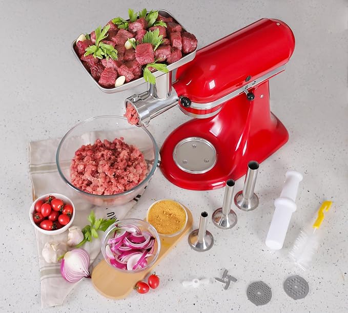 316 Stainless Steel Meat Grinder Attachment for KitchenAid Stand Mixers, 3 Grinding Plates, 3 Sausage Stuffers, All Parts Heavy Duty Meatl Dishwasher Safe
