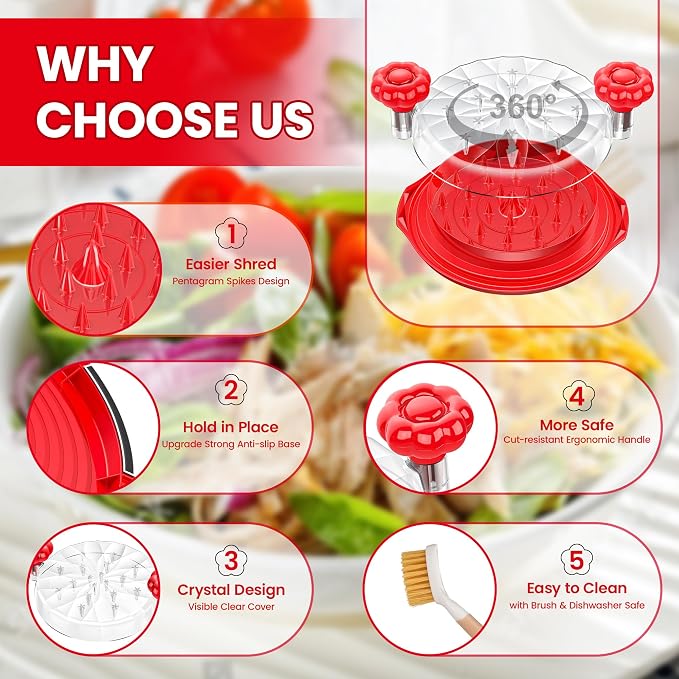 Chicken Shredder Tool Twist Large - Meat Shredders for Chicken Breast | 10'' Pro Visible Kitchen Gadgets Grinder Machine with Brush,Strong Anti-Slip Strip,Ergonomic Handle,BPA Free (Red)