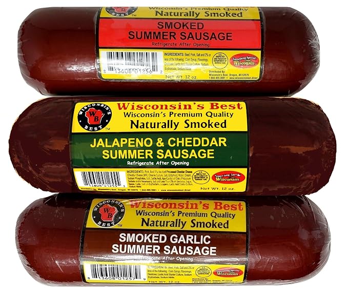 Wisconsin’s Best Summer Sausage Gift Box – Naturally Smoked Sausage 3 Flavor Assortment (Original, Jalapeño Cheddar & Garlic) – Made in Wisconsin – Charcuterie Board Gift Set – 12 oz Each