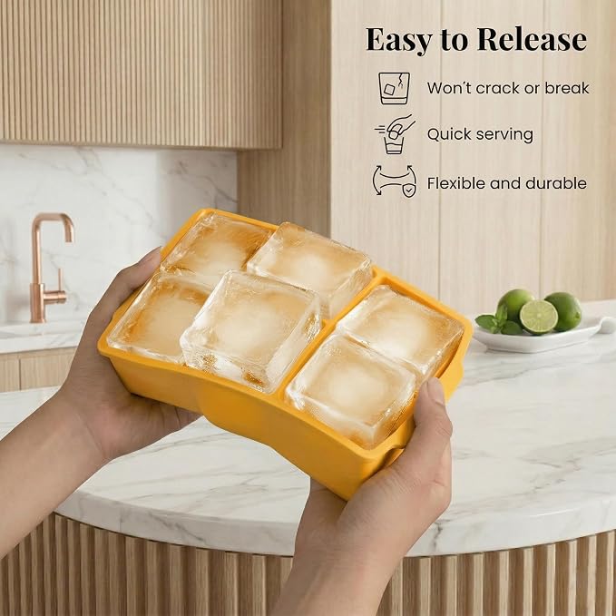 KitchFort® Large Silicone Ice Cube Tray (2-Pack), Easy Release 2" Big Ice Cubes - Cocktail, Whiskey Ice Cubes Mold - Ice Trays for Freezer with Lid - Stackable Silicone Ice Tray - Mustard Yellow