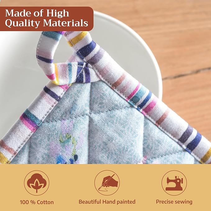 Maison d' Hermine 100% Cotton Oven Mitt & Pot Holder Set (7.5"x13" & 8"x8") | Heat Resistant BBQ Cooking Gloves with Loop Baking Kitchen Hotel Home Farmhouse Spring Summer - Sweet Rose Lavender - Lush