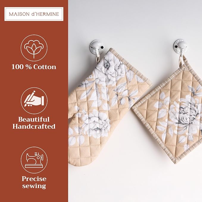 Maison d' Hermine 100% Cotton Oven Mitt & Pot Holder Set (7.5"x13" & 8"x8") | Heat Resistant BBQ Cooking Gloves with Loop Baking Grilling Kitchen Home Farmhouse Thanksgiving Christmas - Pretty Autumn