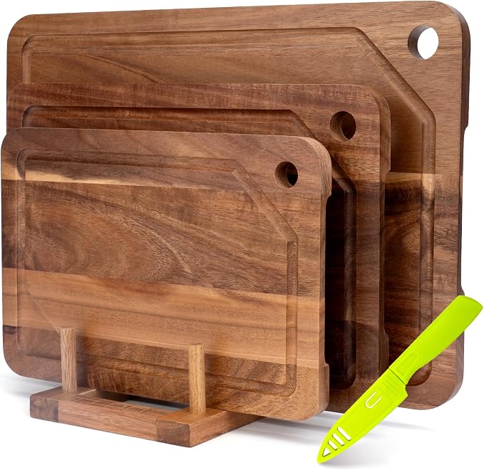 Wood Cutting Board Set, 3-Piece Cutting Board with Stand & Hanging Hole | Chopping Board with Juice Groove & Handles, Serving Board, Ideal for Meat, Vegetables and Cheese