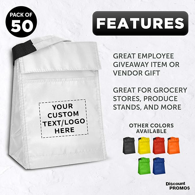 DISCOUNT PROMOS 50 Hook and Loop Insulated Lunch Bags Set - Customizable Text, Logo - Polyester, Durable, Vibrant, Reusable - White