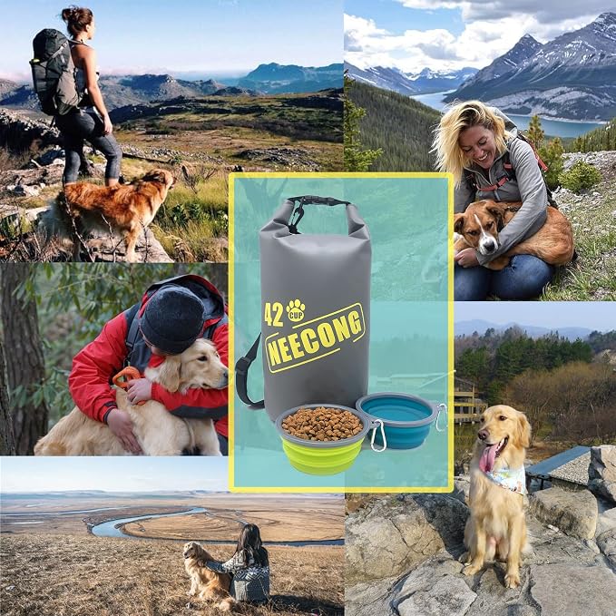 Dog Food Travel Bag With Collapsible Travel Bowls, 42 Cup Dog Food Storage System for Camping, Everyday-10L Food Dry Bag