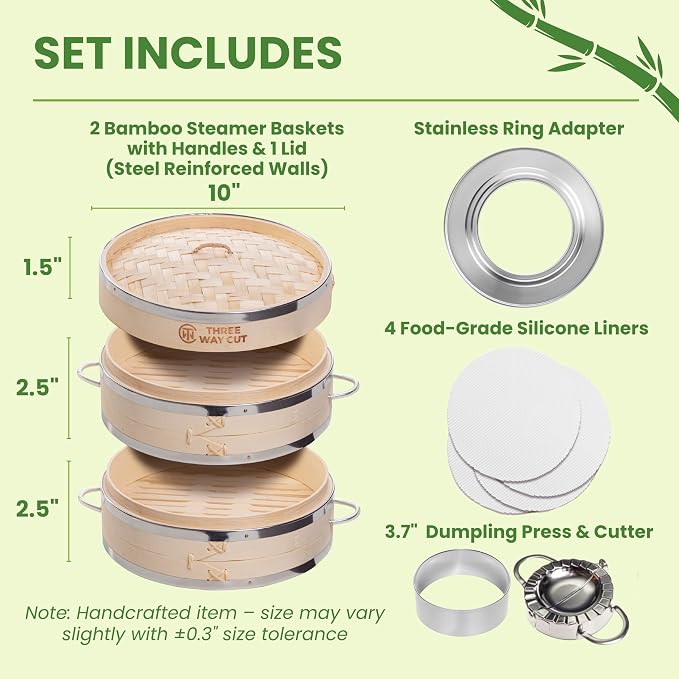 Bamboo Steamer 10 Inch - Dumpling Steamer Basket 2 Tier, Bamboo Steamers For Cooking Dumplings, Bao Bun, Dim Sum, Rice Potsticker & Veggie Food Steaming Basket with Steel Rims, Handles & Accessories