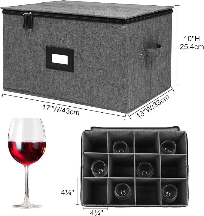 Mayniu Stemware Storage Cases, Wine Glass Storage Box with Dividers | Hard Shell Top, Stackable for Crystal, Glassware Storage Containers for Packing, Moving & Home (17"x13"x10" Black)