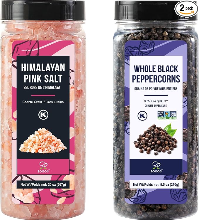 Soeos Himalayan Pink Salt 20oz + Whole Black Peppercorns 9.5oz Set, Coarse Grain, Salt for Grinder Refill, Salt and Pepper Grinder, Non-GMO Verified, Spice Seasoning Set for Cooking