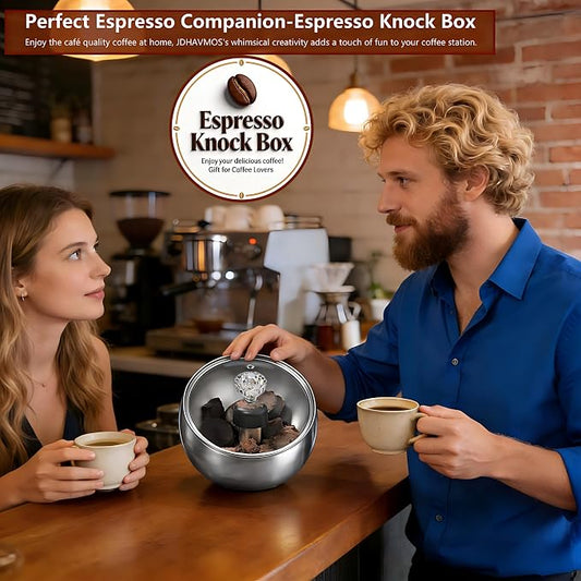 Espresso Knock Box with Glass Lid, Magnetic Knock Bar, Shock-Absorbing Base – Holds 20 Pucks (Silver) | Large Capacity, Coffee Knock Box, Stainless Steel Coffee Grounds Container