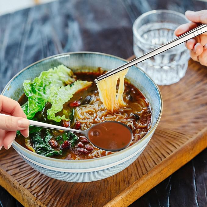Reusable Spoon and Chopsticks Set, 4 Piece Korean Long Handle Stainless Steel Spoon and Chopsticks Set, Dishwasher Safe for Home, Kitchen or Restaurant