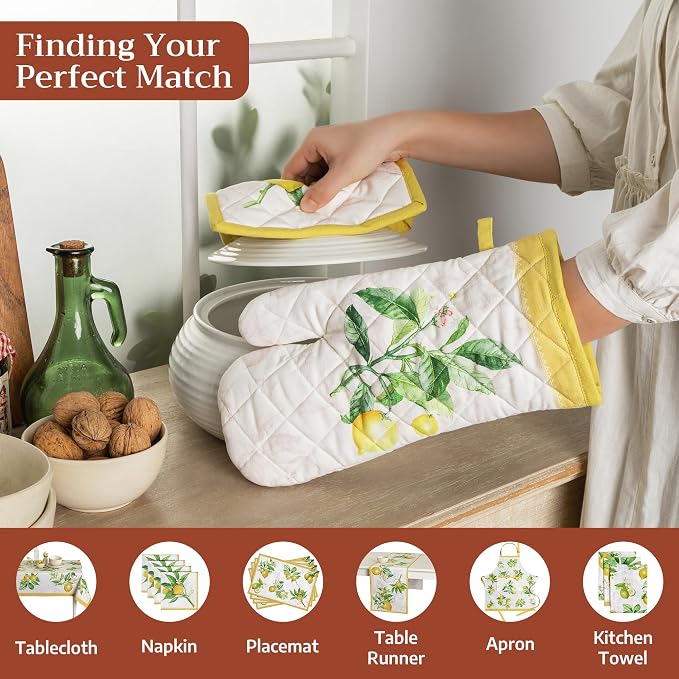 Maison d' Hermine Pot Holders 100% Cotton Potholders (8" x 8", Pack of 1) | Heat Resistant Hot Pads with Loop BBQ Cooking Baking Farmhouse Kitchen Handling Hot Pans Spring Summer - Limoncello